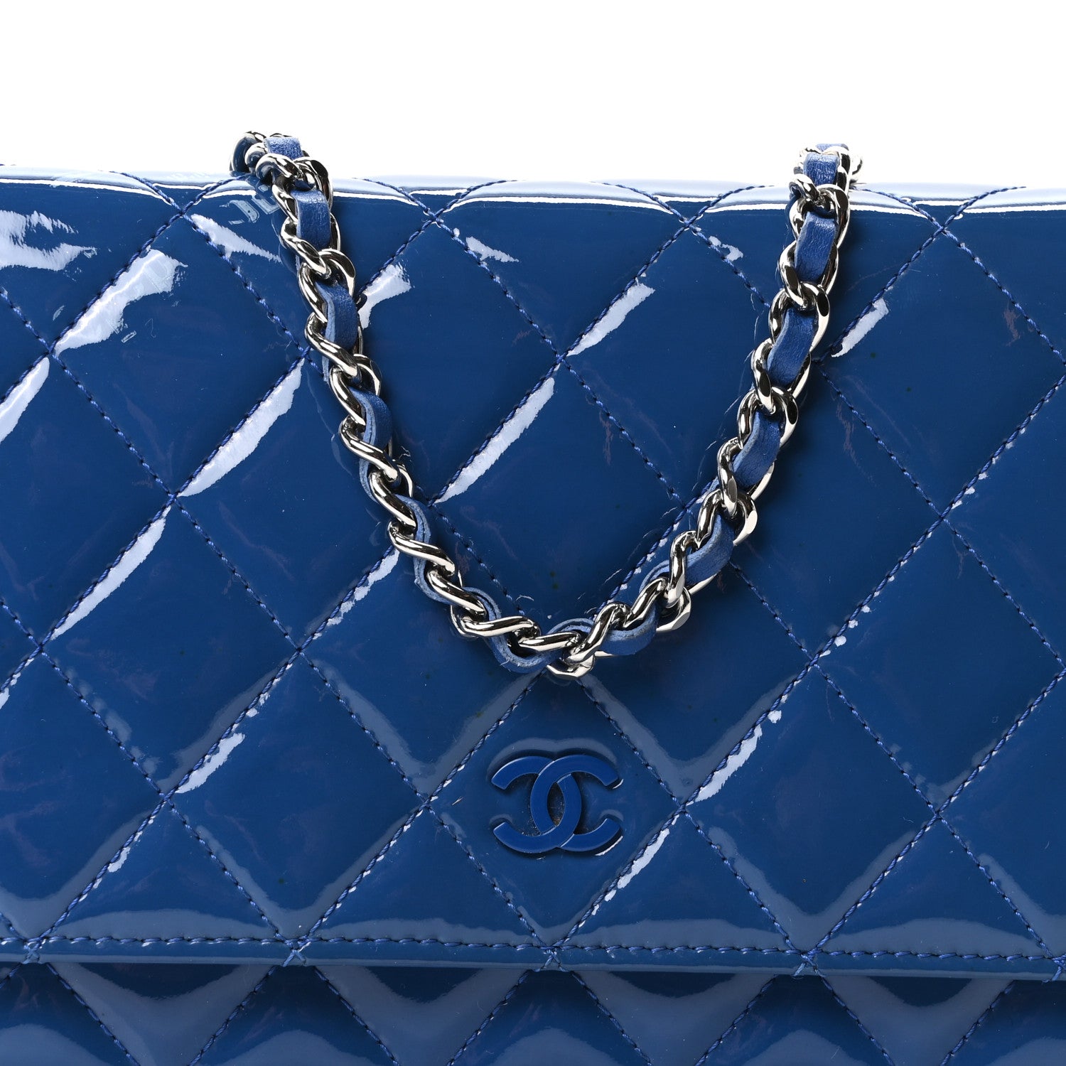 Chanel Patent Calfskin Quilted Wallet On Chain WOC Dark Blue 8 of 10