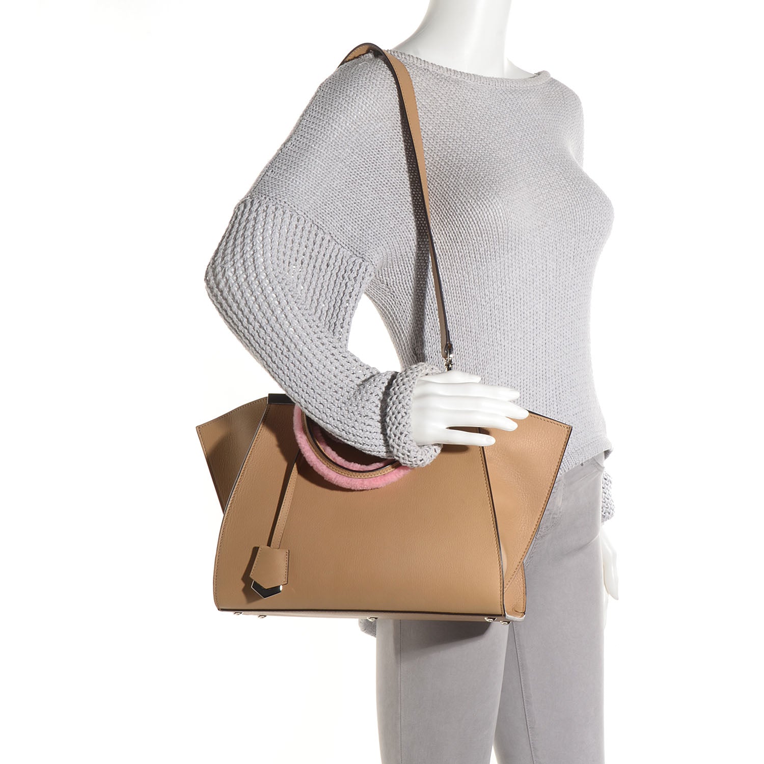 Fendi Calfskin Shearling Petite 3Jours Tote Tan 4 of 12