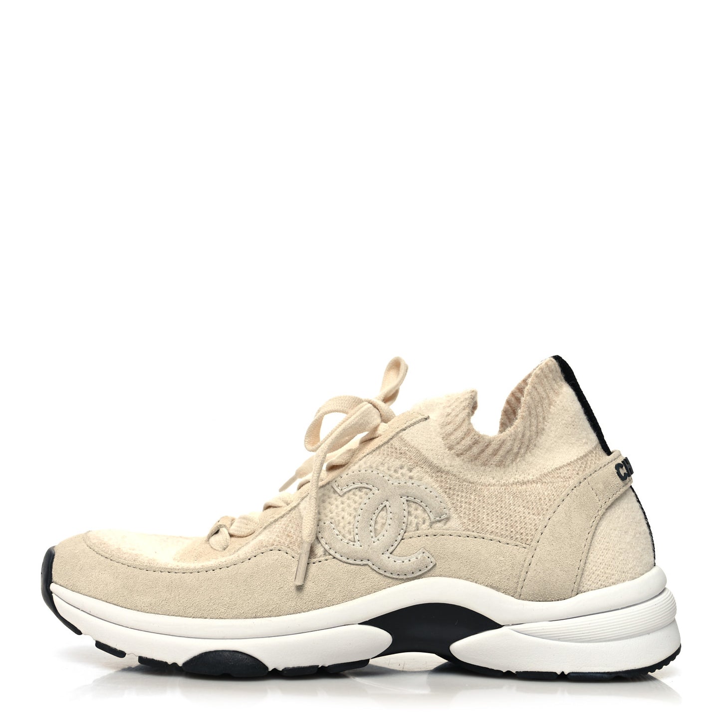 Knit Fabric Suede Calfskin Womens CC Sneakers 38 Beige