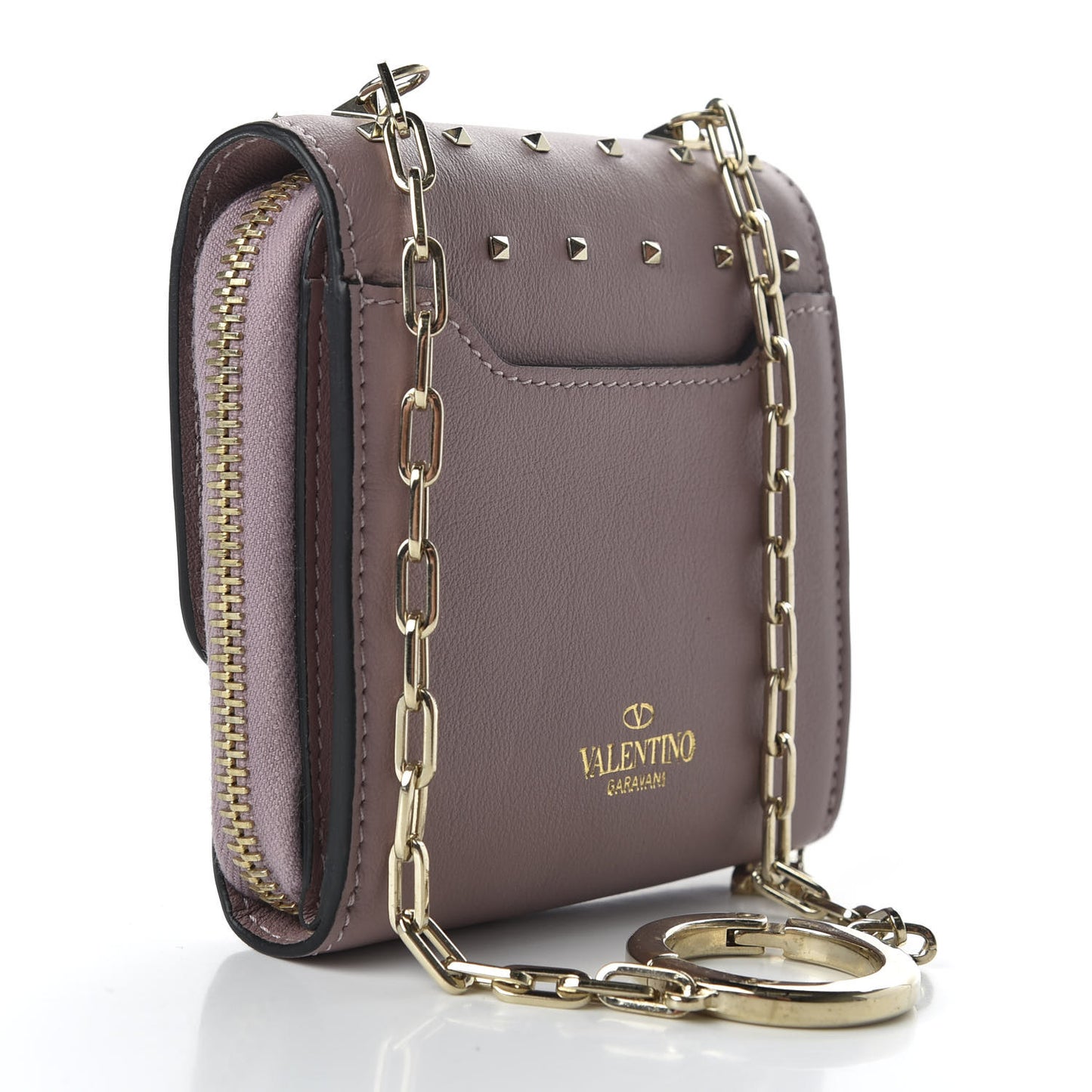 Calfskin Rockstud Carry Secrets Compact Wallet With Chain Lipstick