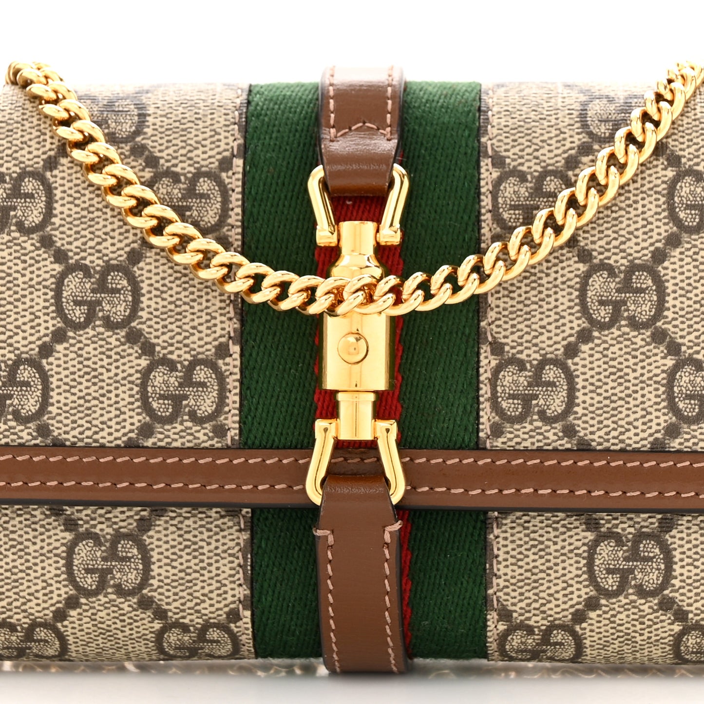 GG Supreme Monogram Azalea Calfskin Web Jackie 1961 Chain Wallet Beige Ebony Brown Sugar