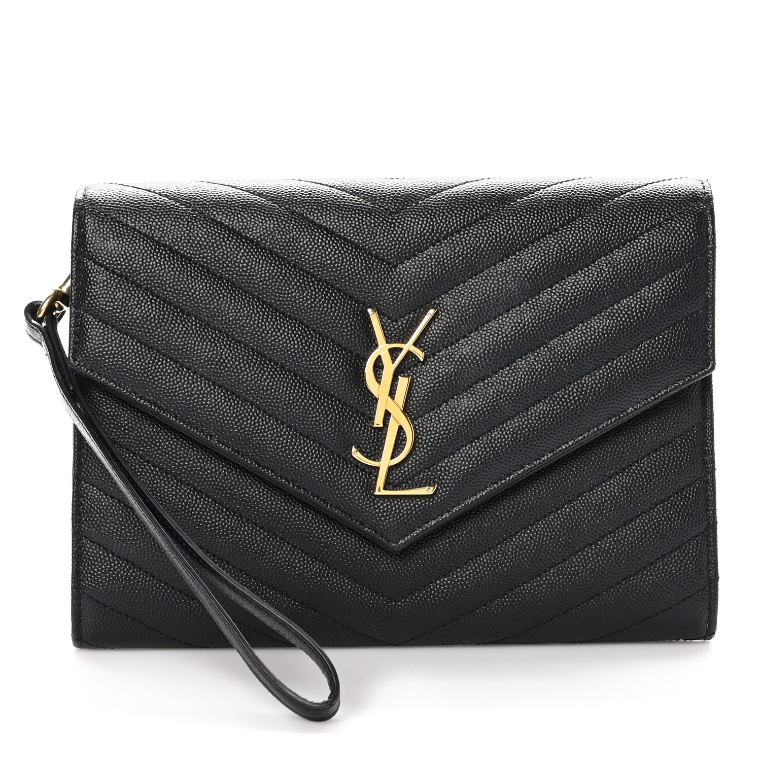 Saint Laurent Grain De Poudre Matelasse Chevron Monogram Envelope Clutch Black 1 of 11