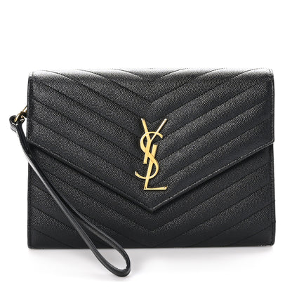 Saint Laurent Grain De Poudre Matelasse Chevron Monogram Envelope Clutch Black 1 of 11