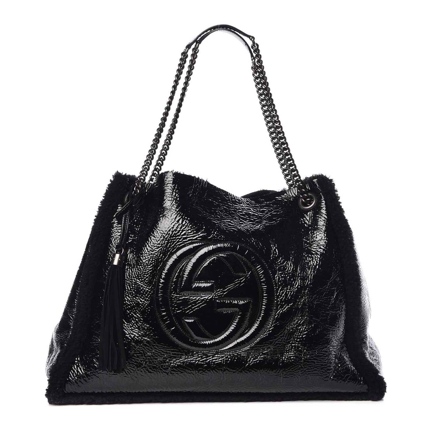 Patent Shearling Large Soho Chain Shoulder Bag Black
