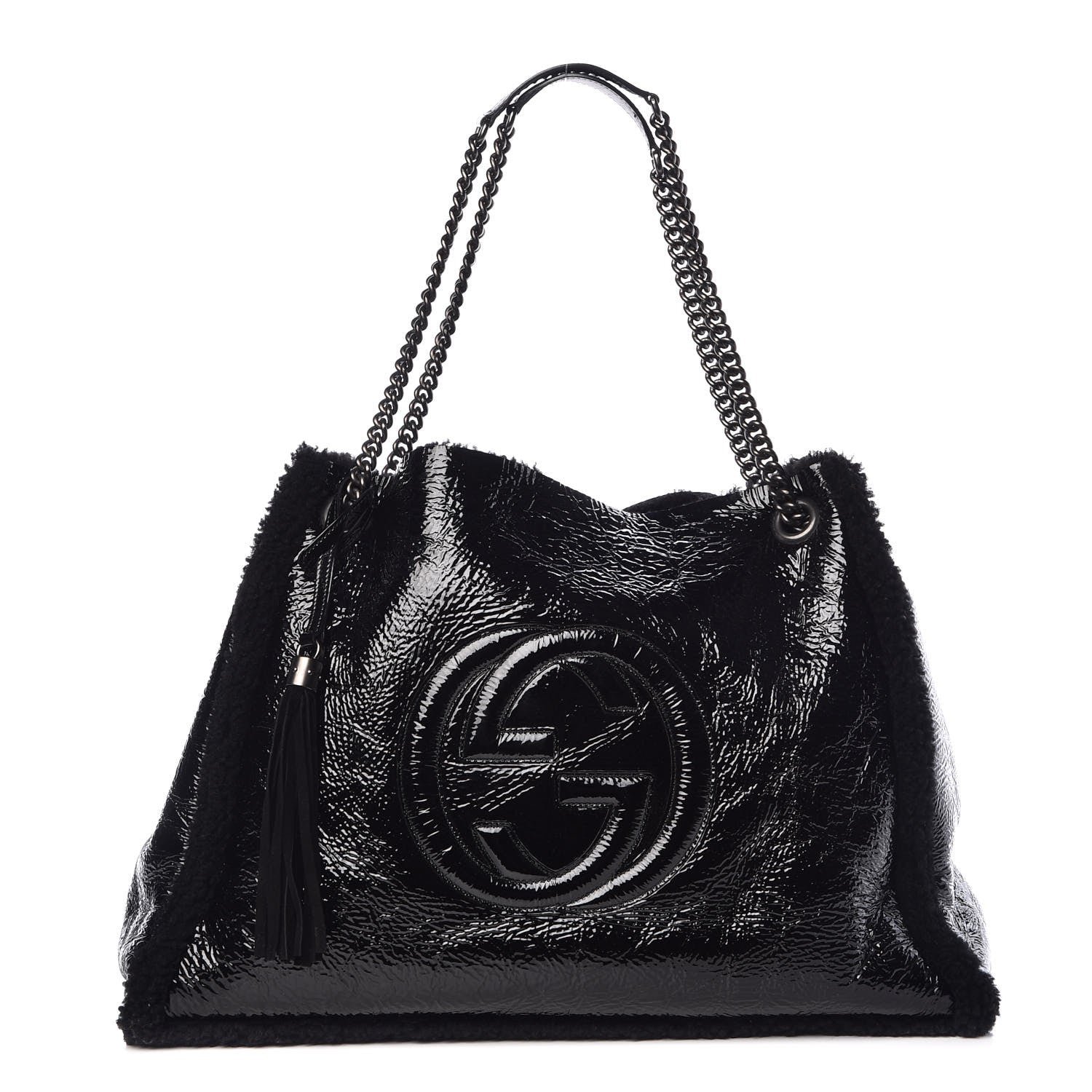 Gucci Patent Shearling Large Soho Chain Shoulder Bag Black 1 of 13