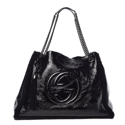 Gucci Patent Shearling Large Soho Chain Shoulder Bag Black 1 of 13