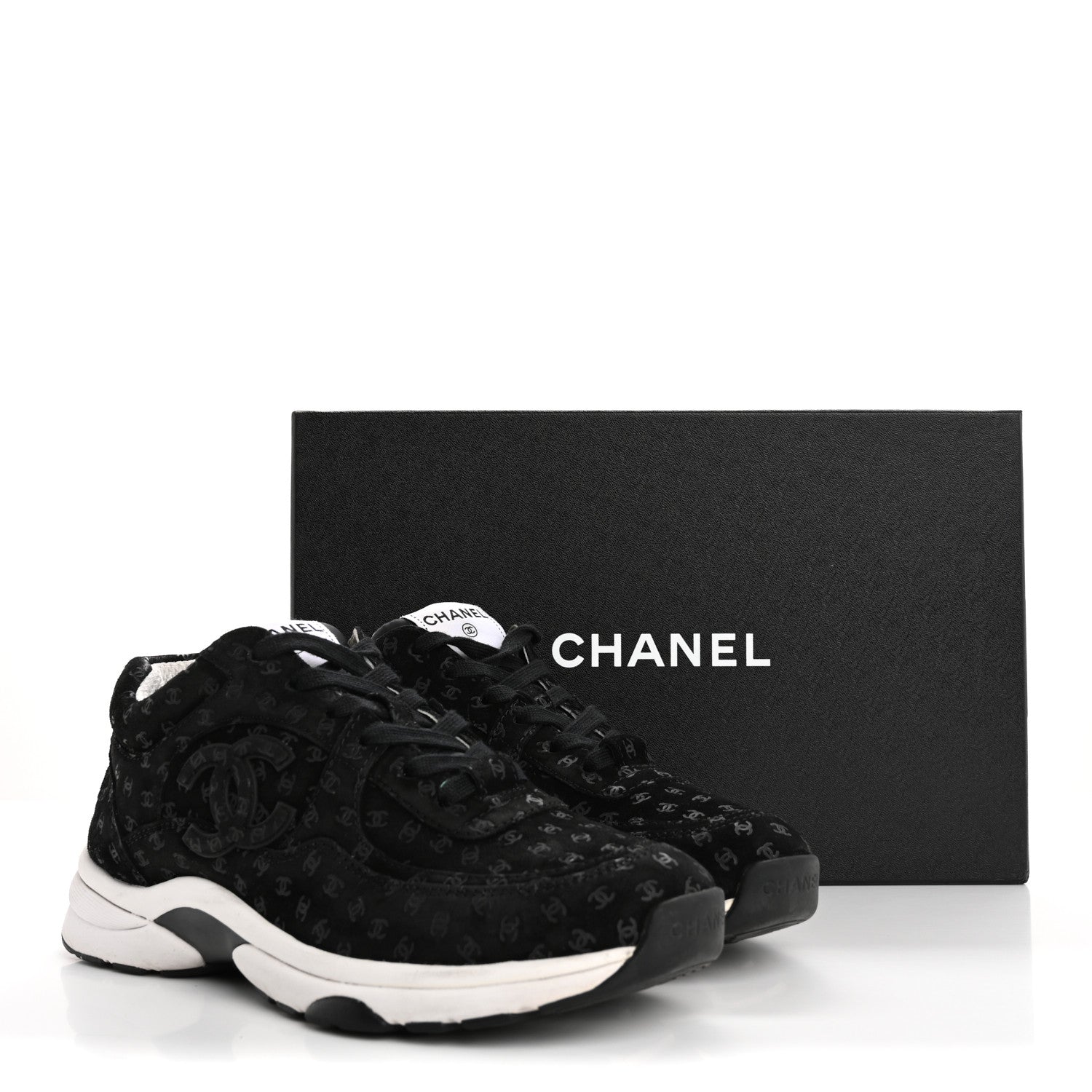 Chanel Suede Calfskin Printed CC Sneakers 38.5 Black 12 of 12