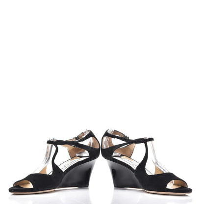 Jimmy Choo Suede Patent Verena Peep Toe Wedge Sandals 38 Black 5 of 9