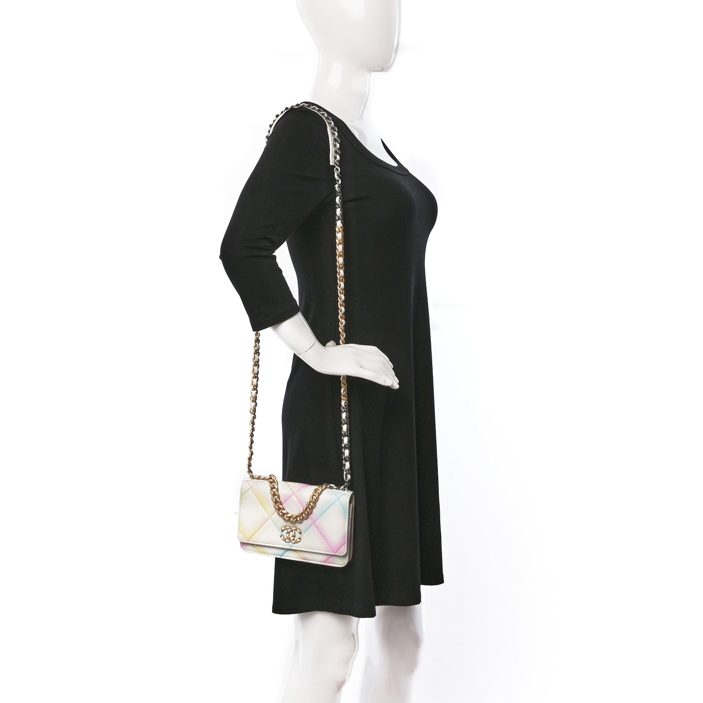Goatskin Printed Quilted Chanel 19 Wallet On Chain WOC White Multicolor