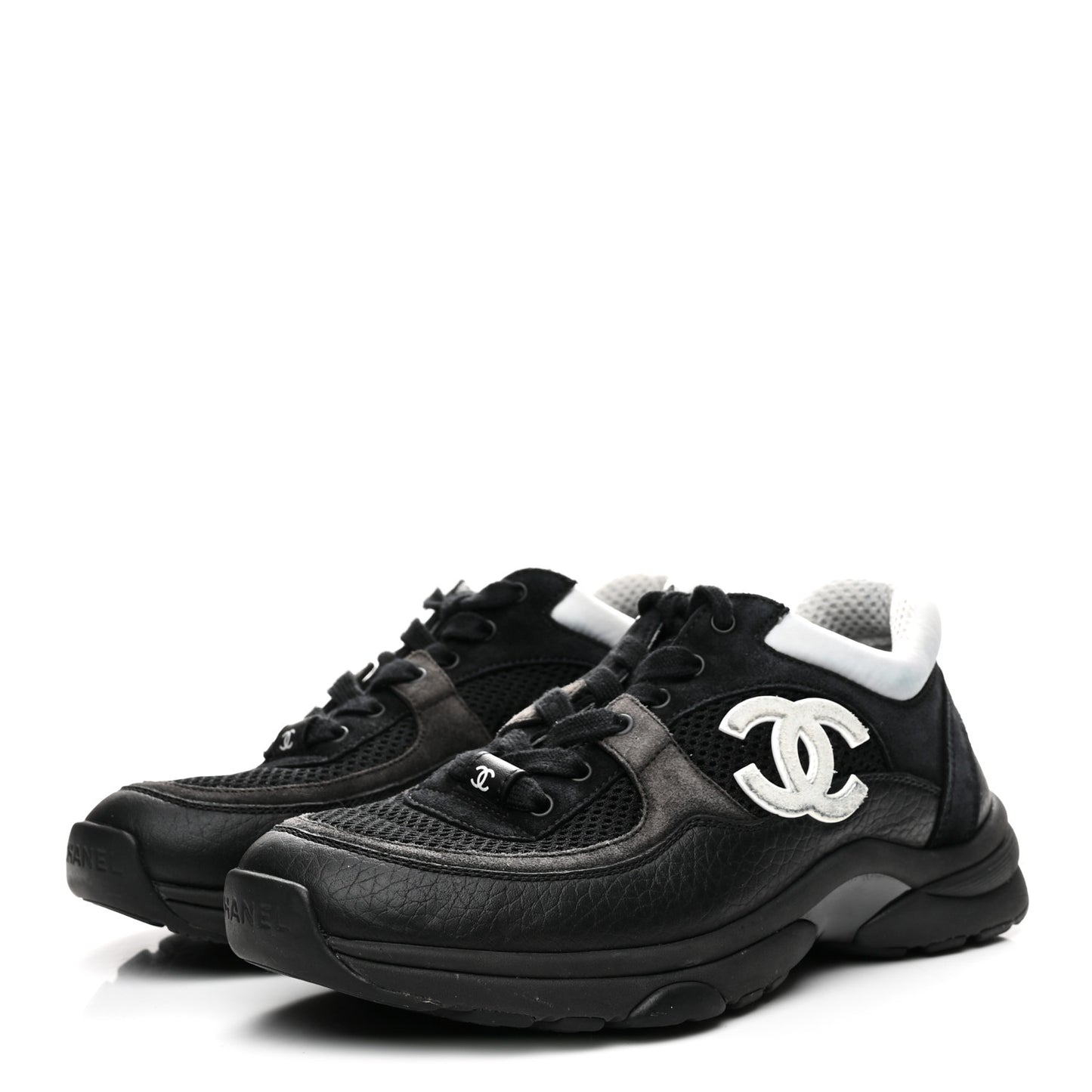 Mesh Suede Grained Calfskin Womens CC Sneakers 36 Black White