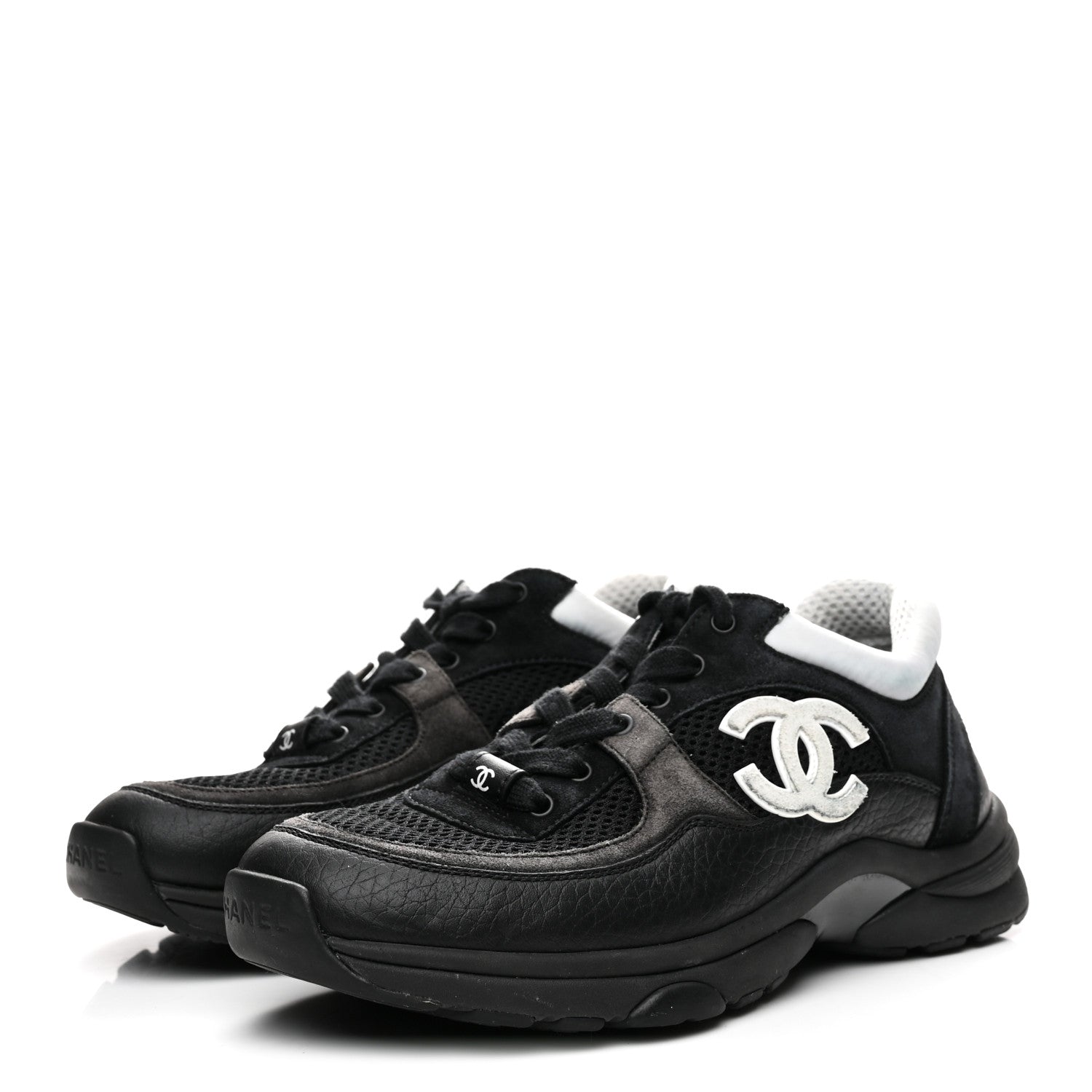 Chanel Mesh Suede Grained Calfskin Womens CC Sneakers 36 Black White 4 of 9