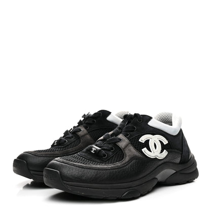 Chanel Mesh Suede Grained Calfskin Womens CC Sneakers 36 Black White 4 of 9