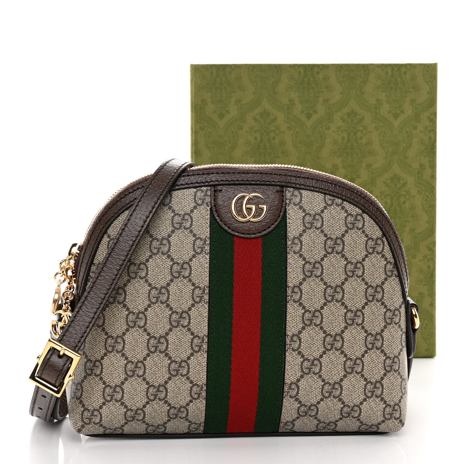 Gucci GG Supreme Monogram Textured Dollar Calfskin Web Small Ophidia Dome Shoulder Bag Beige Ebony New Acero 10 of 10