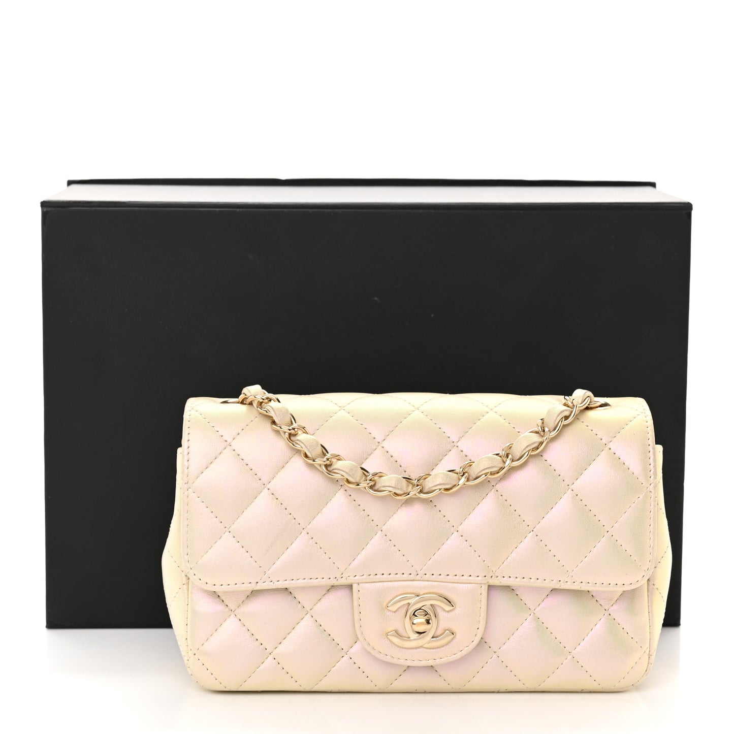 Iridescent Lambskin Quilted Mini Rectangular Flap Ivory