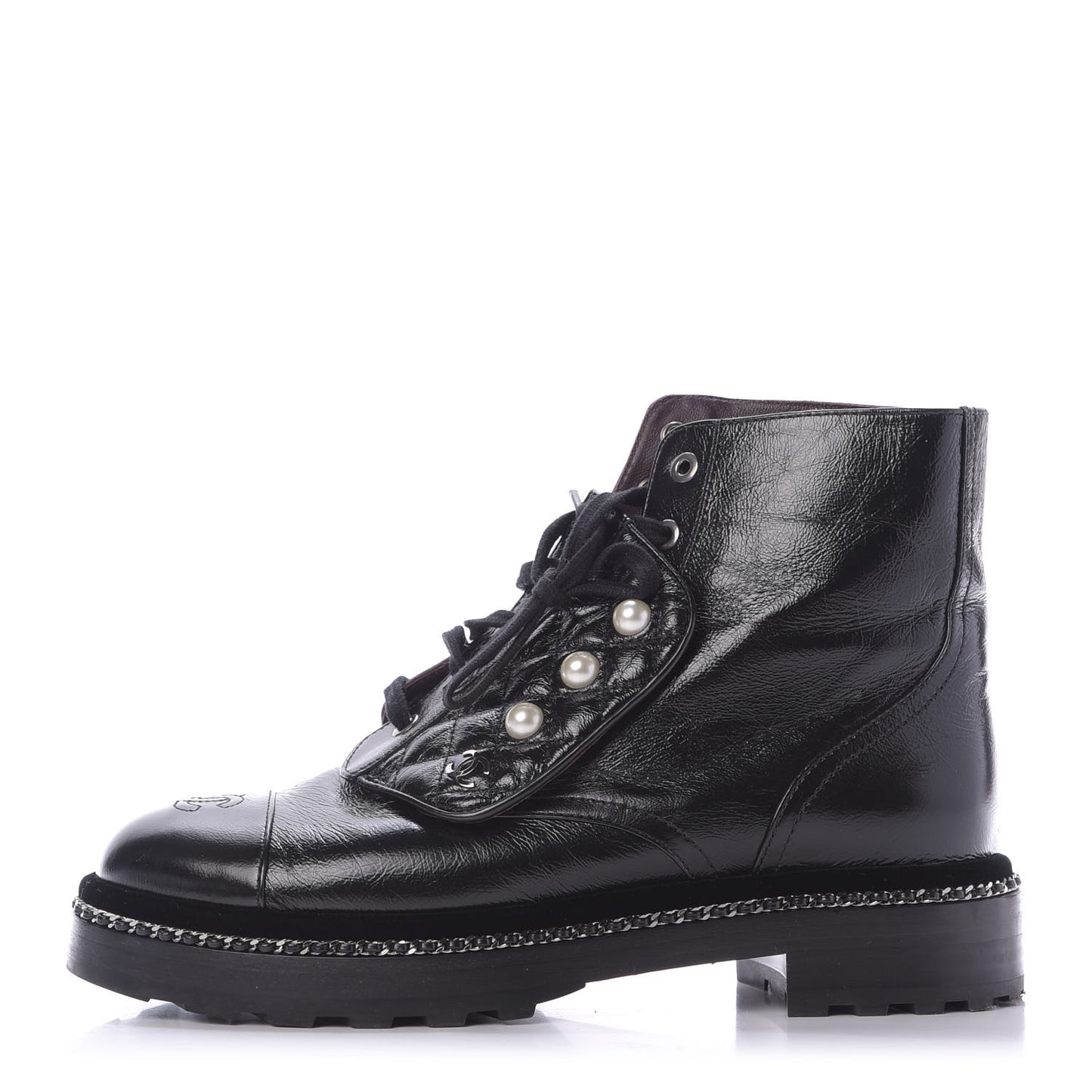 Crackled Calfskin Velvet Pearl Combat Short Boots 39 Black