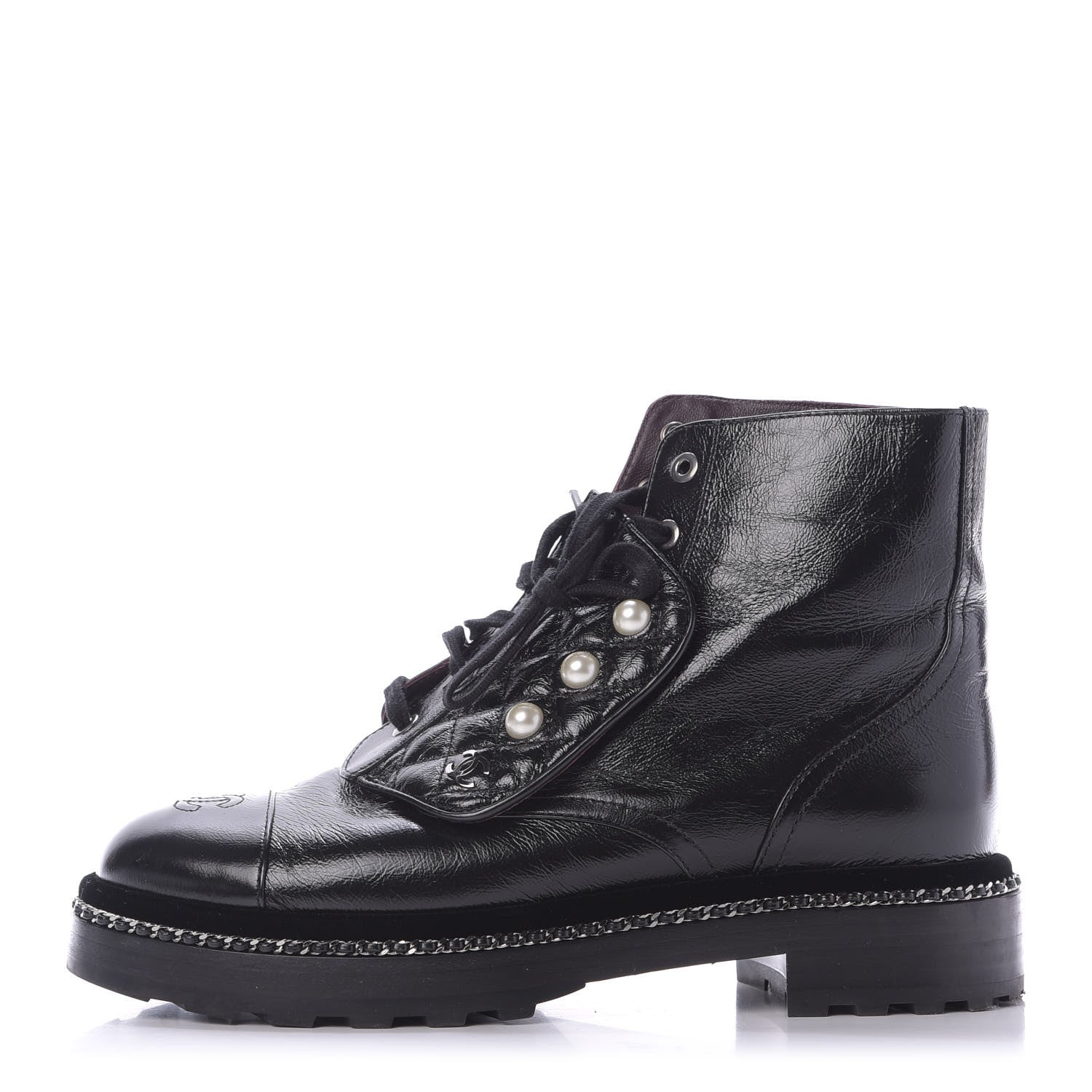 Chanel Crackled Calfskin Velvet Pearl Combat Short Boots 39 Black 1 of 10