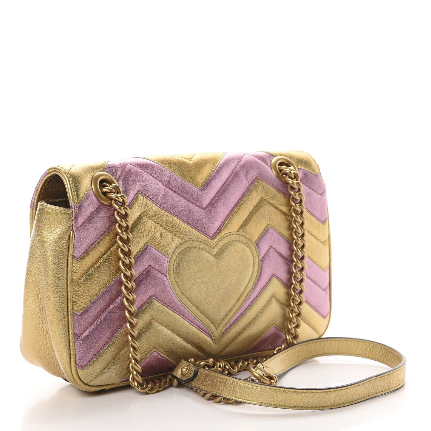 Metallic Calfskin Matelasse Small GG Marmont Shoulder Bag Gold Pink