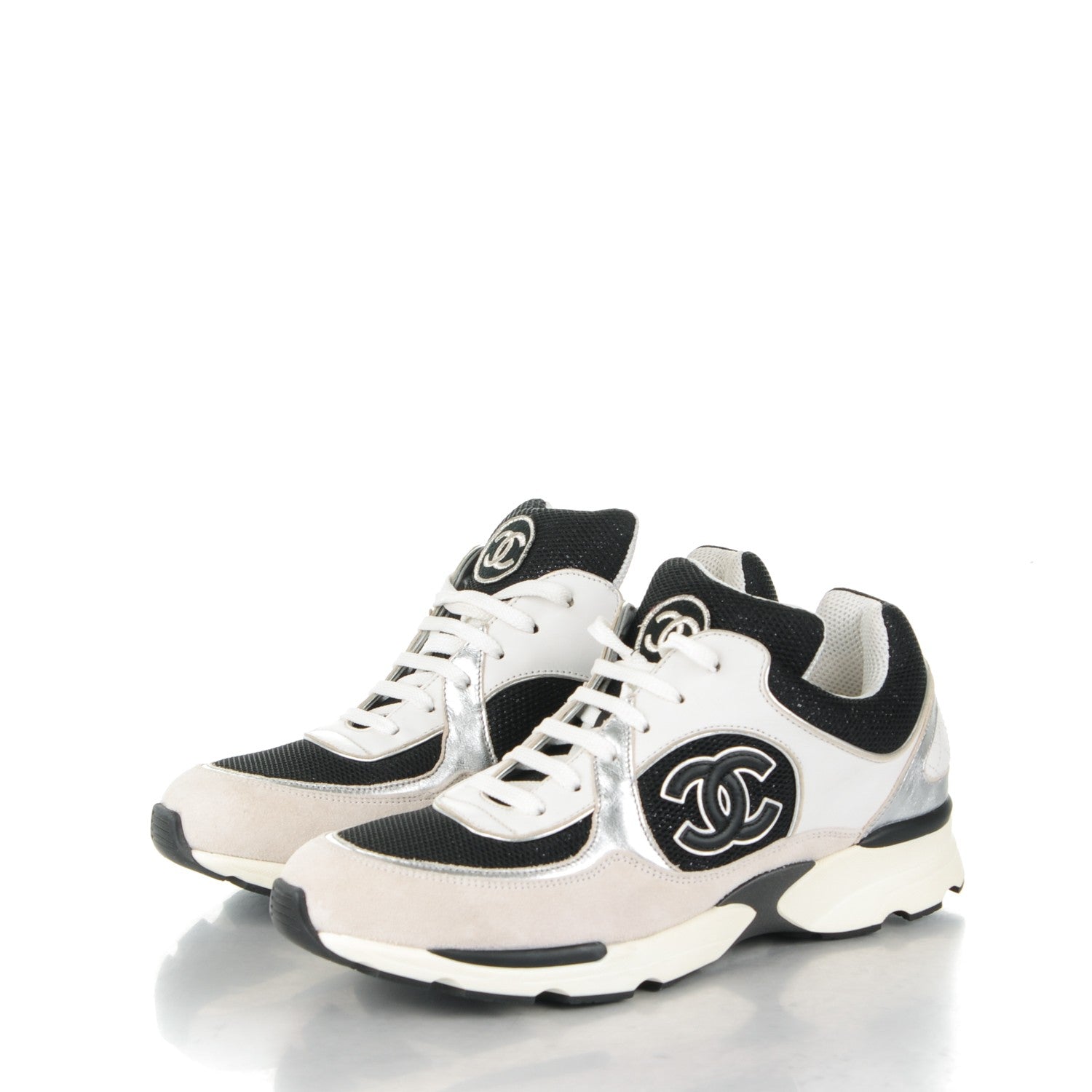 Chanel Suede Calfskin CC Sneakers 40.5 Black White Silver 3 of 8