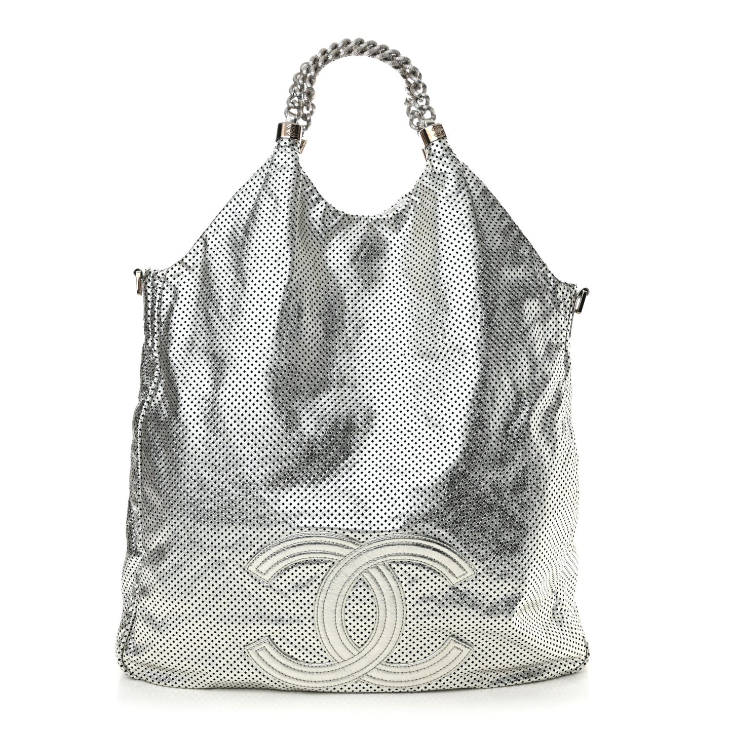 Metallic Glazed Calfskin Perforated Large Rodeo Drive Tote Silver