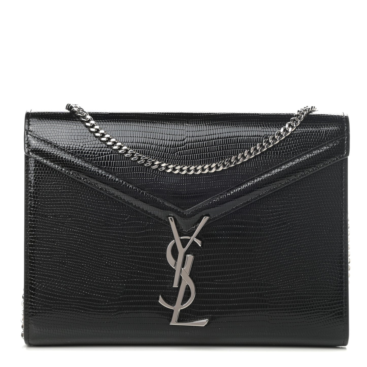 Patent Lizard Embossed Monogram Cassandra Chain Wallet Black