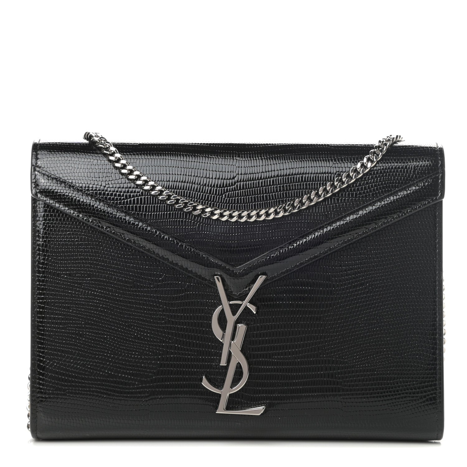 Saint Laurent Patent Lizard Embossed Monogram Cassandra Chain Wallet Black 1 of 11