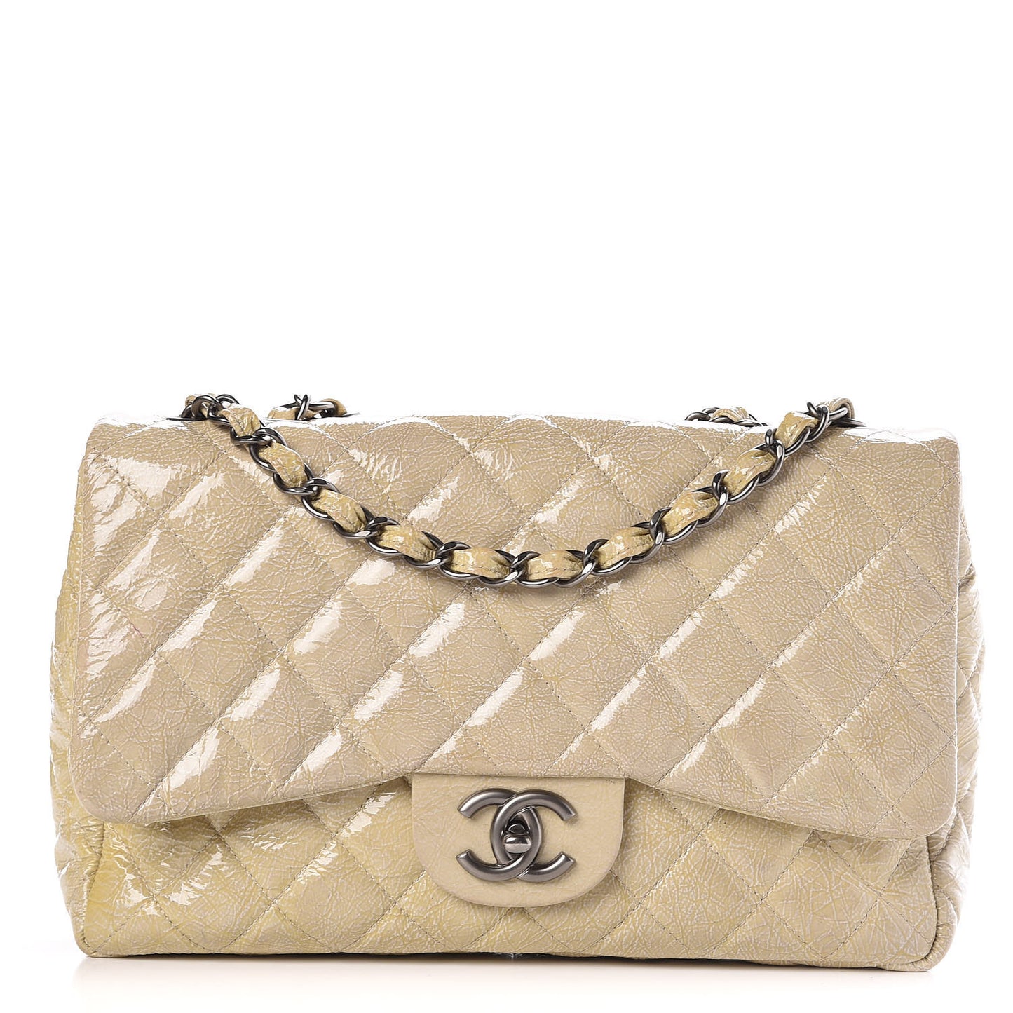 Crinkled Patent Quilted Jumbo Single Flap Light Beige