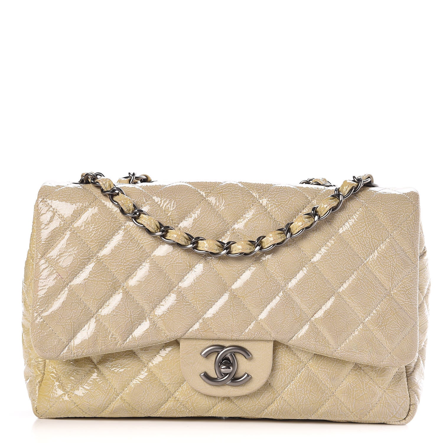 Chanel Crinkled Patent Quilted Jumbo Single Flap Light Beige 1 of 14
