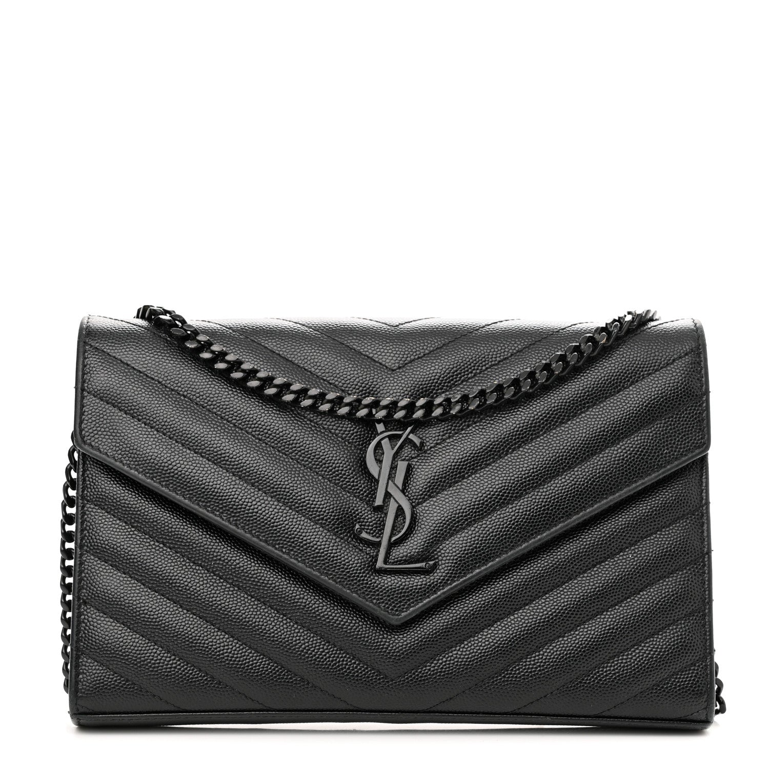 Saint Laurent Grain De Poudre Matelasse Chevron Monogram Monochrome Chain Wallet Black 1 of 10