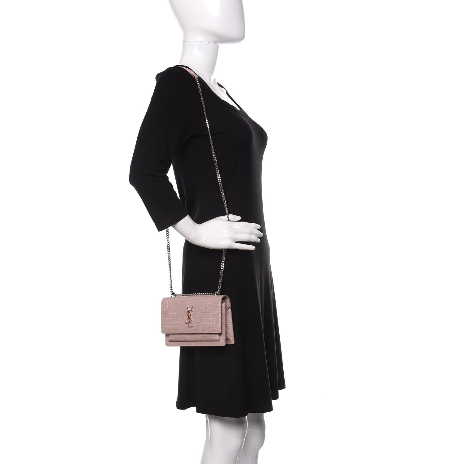 Saint Laurent Calfskin Crocodile Embossed Monogram Sunset Chain Wallet Marble Pink 2 of 9