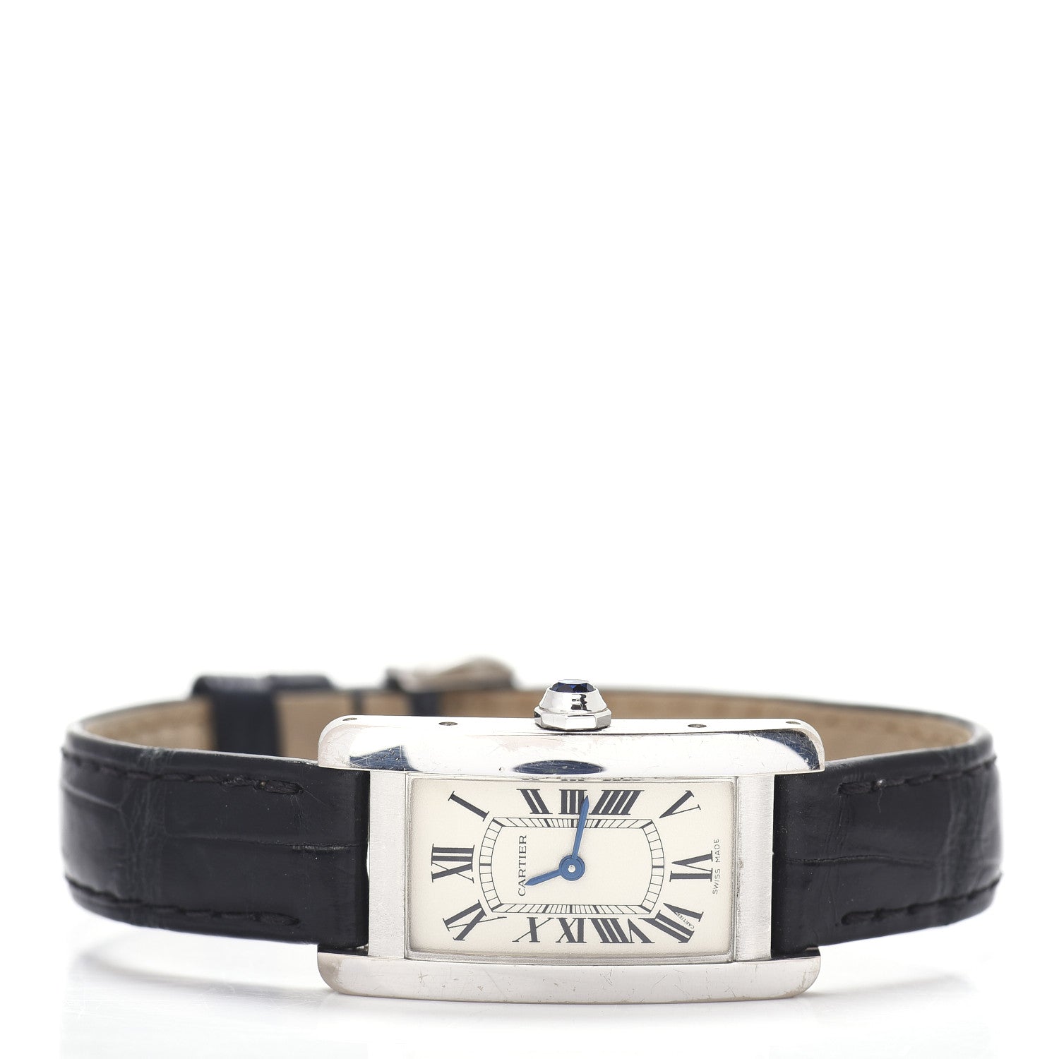 Cartier 18K White Gold Alligator 19mm Tank Americaine Quartz Watch 3 of 14