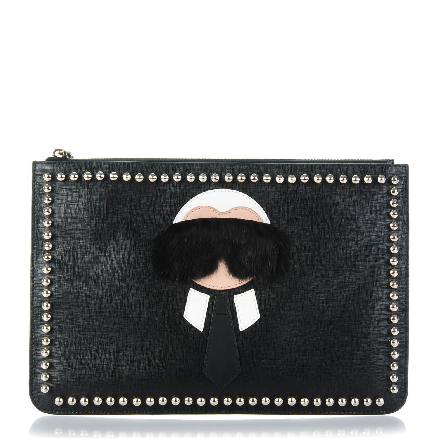 Fendi Vitello Elite Flamingo Mink Karlito Studded Pouch Black White Plaster 1 of 7