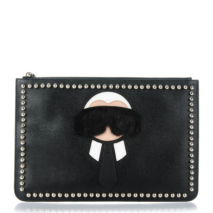 Fendi Vitello Elite Flamingo Mink Karlito Studded Pouch Black White Plaster 1 of 7