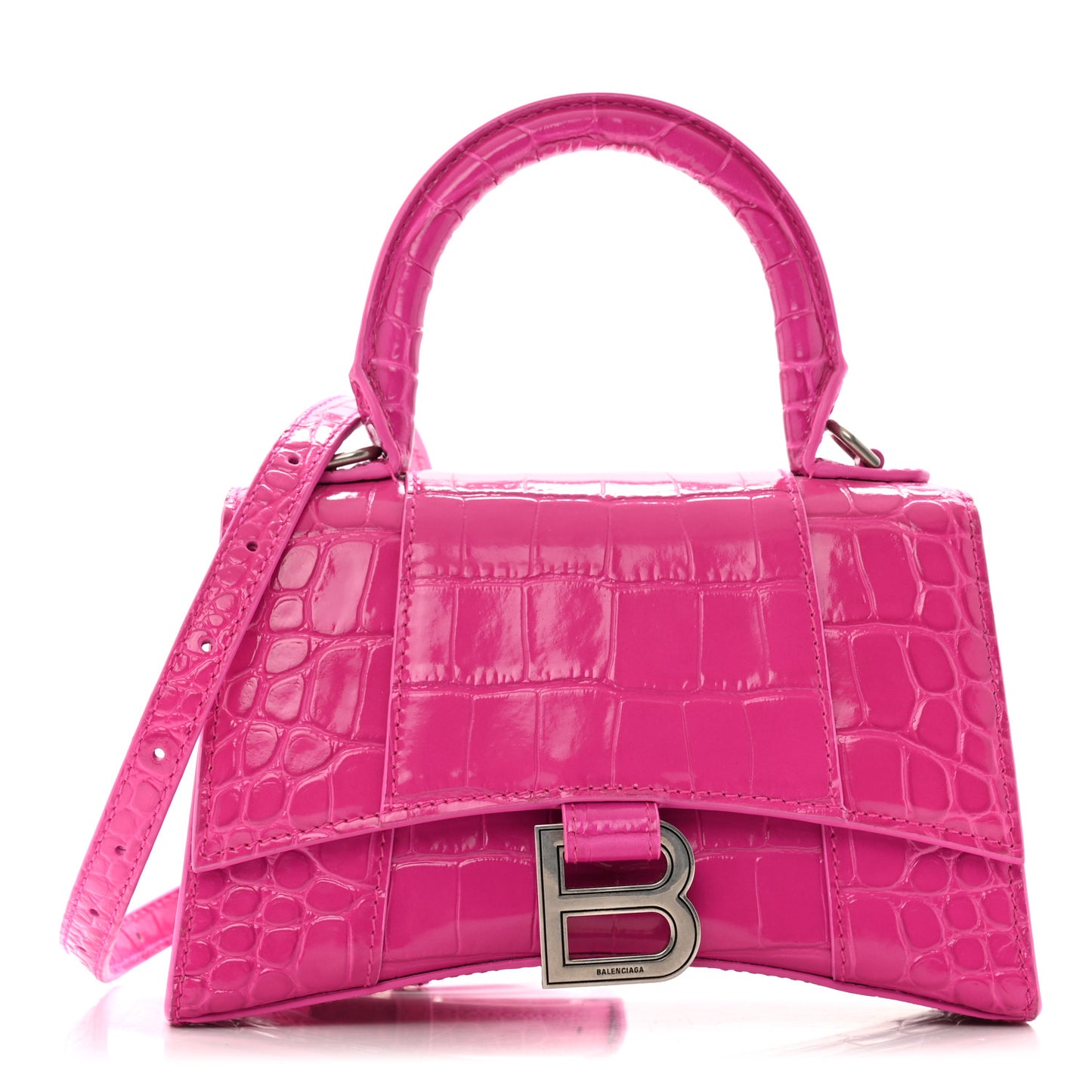 Shiny Calfskin Crocodile Embossed Hourglass Top Handle Bag XS Lipstick Pink