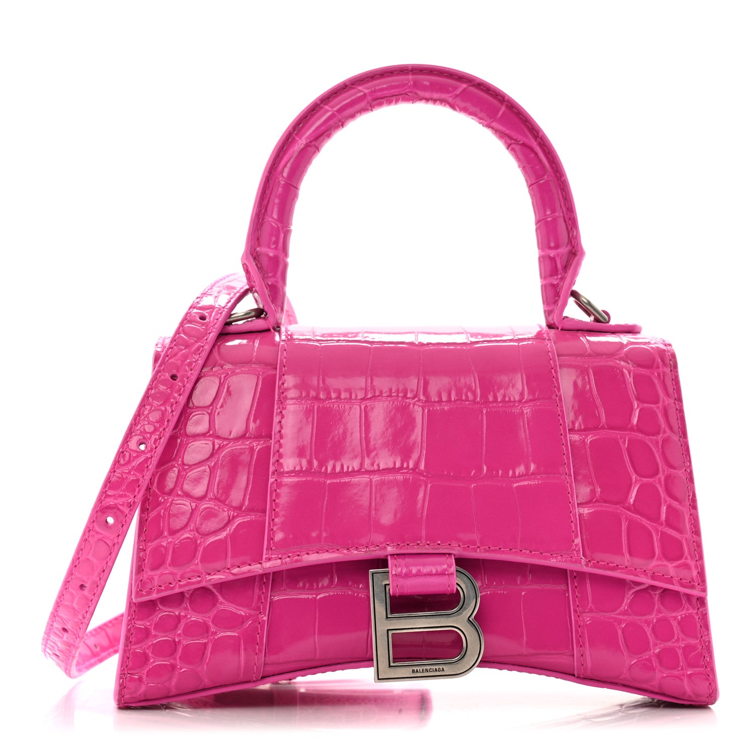 Balenciaga Shiny Calfskin Crocodile Embossed Hourglass Top Handle Bag XS Lipstick Pink 1 of 15