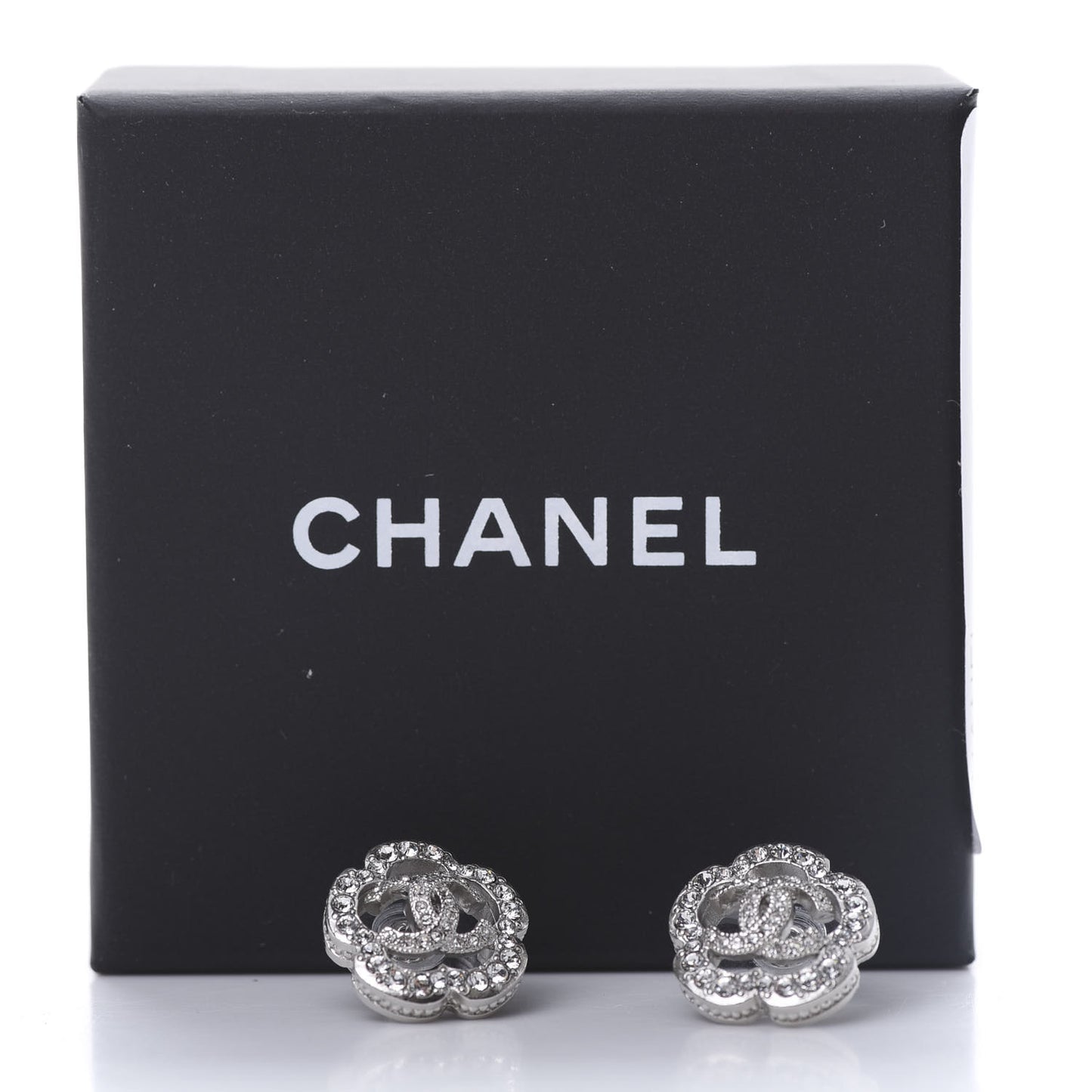 Crystal Coco Flapper Camellia CC Stud Earrings Silver