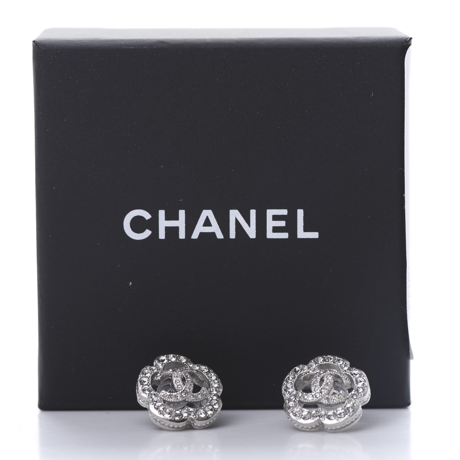 Chanel Crystal Coco Flapper Camellia CC Stud Earrings Silver 5 of 5