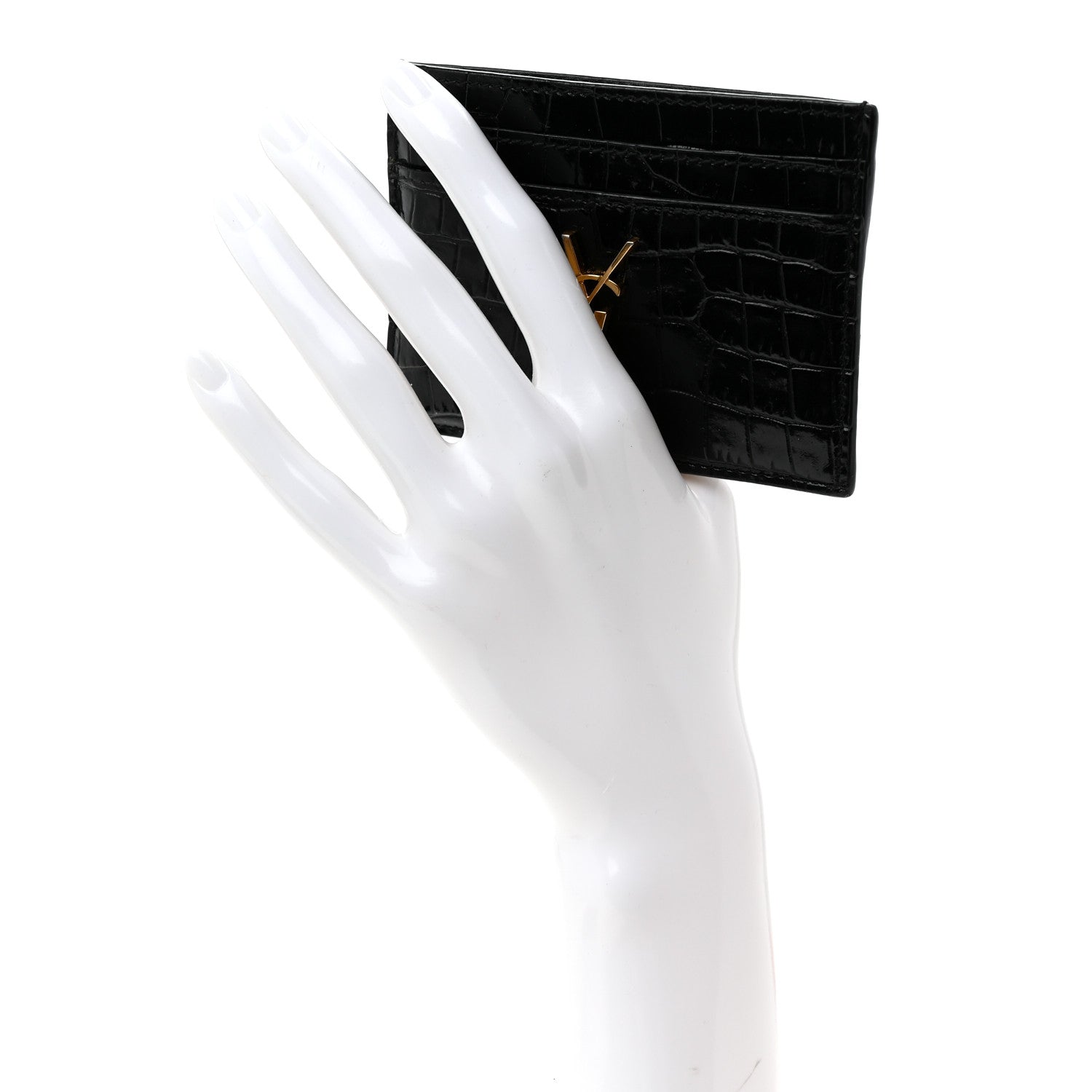 Saint Laurent Calfskin Crocodile Embossed Monogram Credit Card Case Black 2 of 7
