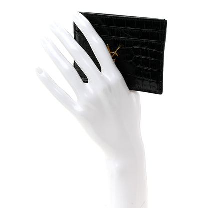 Saint Laurent Calfskin Crocodile Embossed Monogram Credit Card Case Black 2 of 7