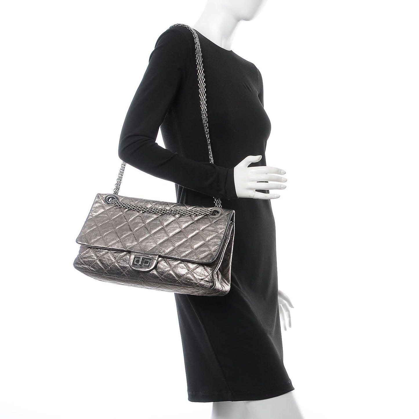 Metallic Aged Calfskin Quilted 2.55 Reissue 228 Flap Dark Silver