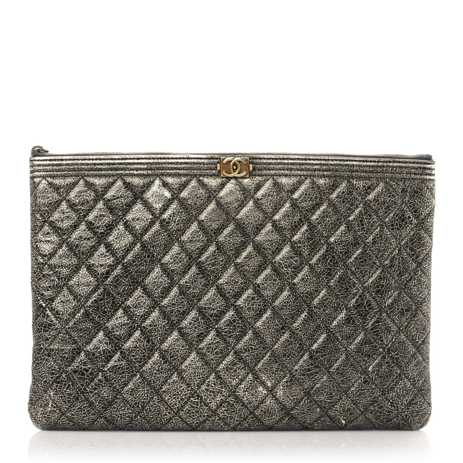 Chanel Cracked Metallic Calfskin Quilted Large Boy Cosmetic Case Silver 1 of 17