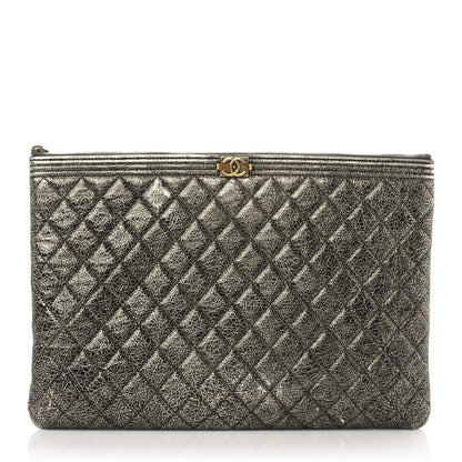 Chanel Cracked Metallic Calfskin Quilted Large Boy Cosmetic Case Silver 1 of 17