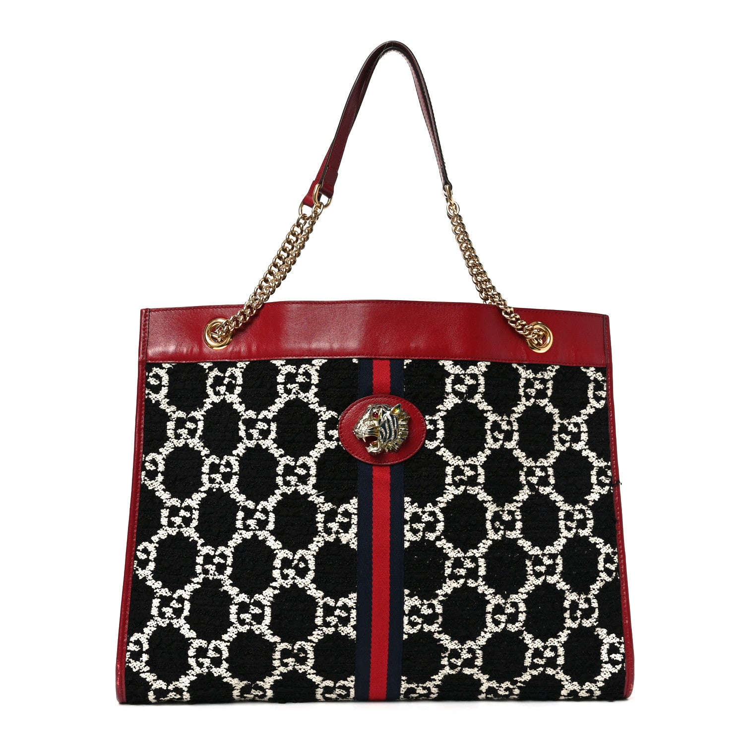Gucci Tweed GG Monogram Large Rajah Chain Tote Romantic Cherry Black White 1 of 11
