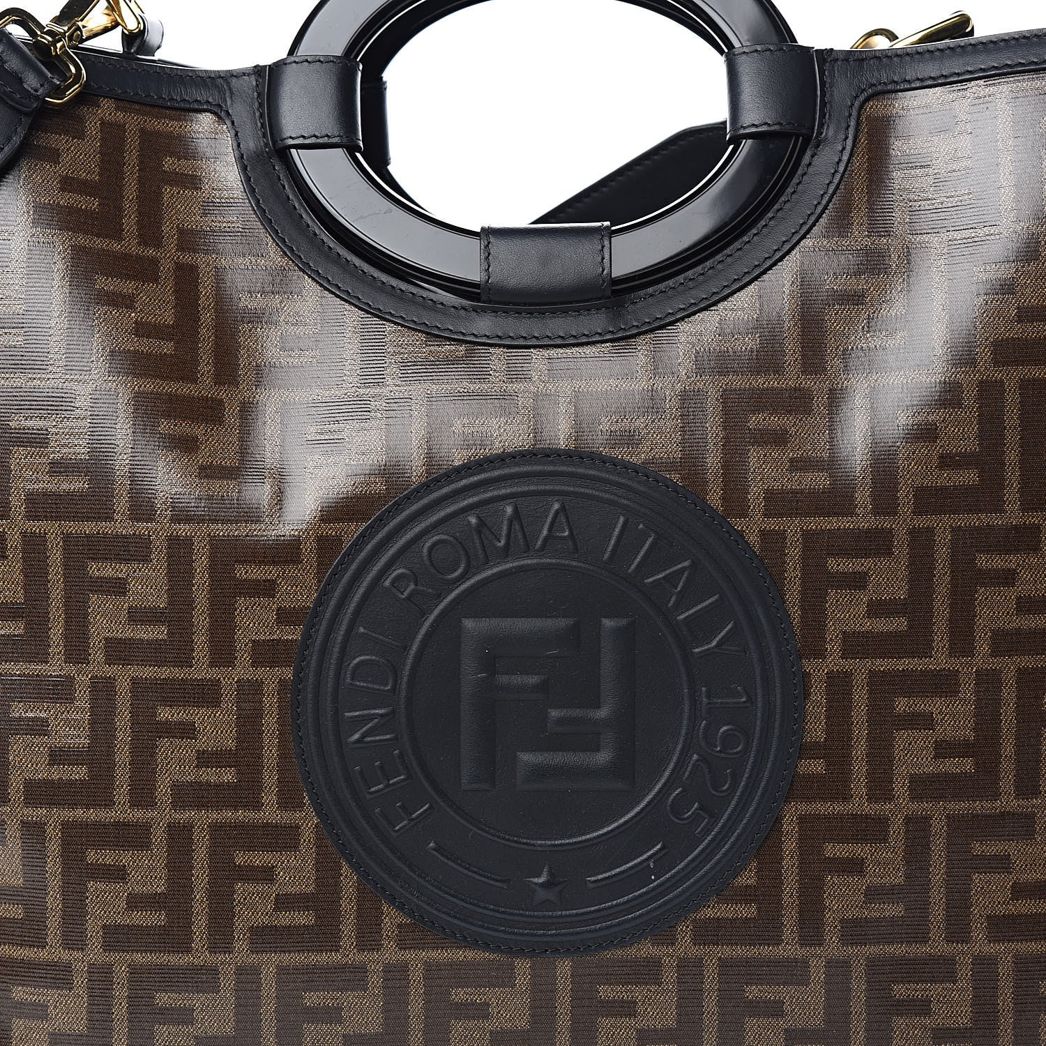 Fendi Glazed Fabric Vitello Century Plexiglass FF 1974 Stamp Patch Medium Runaway Shopper Tote Mogano Panna Black 10 of 10