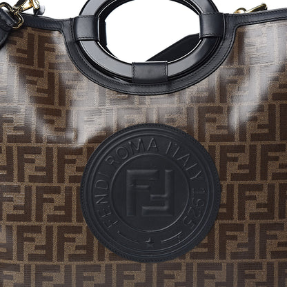 Fendi Glazed Fabric Vitello Century Plexiglass FF 1974 Stamp Patch Medium Runaway Shopper Tote Mogano Panna Black 10 of 10