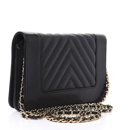 Chanel Caviar Sheepskin Chevron Quilted Vintage Mademoiselle Wallet On Chain WOC Black 3 of 11