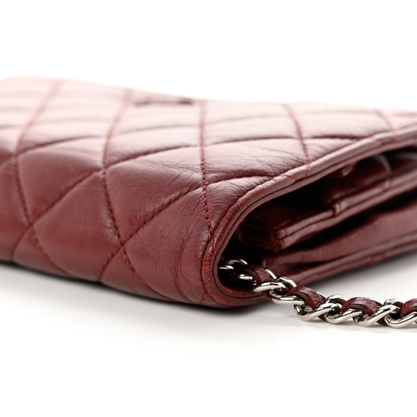 Aged Calfskin Quilted Wallet On Chain WOC Burgundy