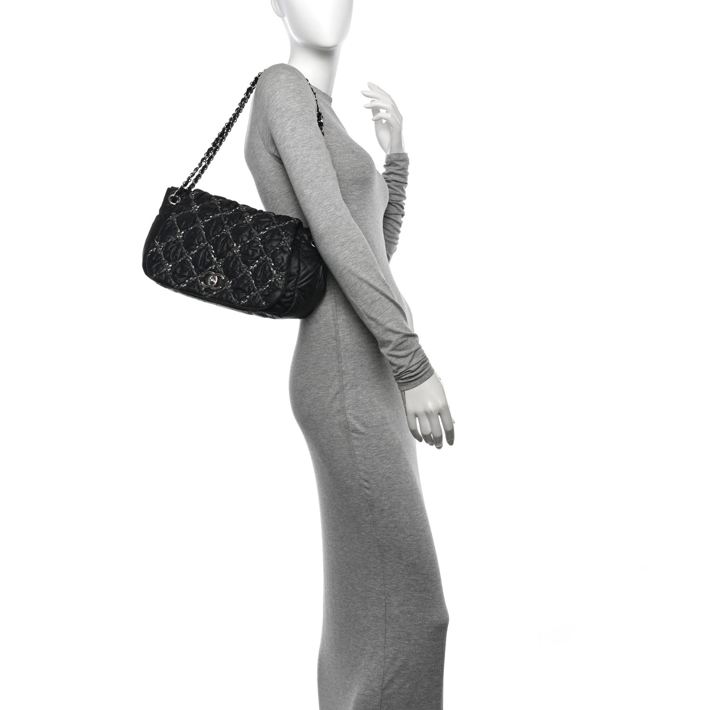 Nylon Quilted Tweed Stitch Bubble Flap Black