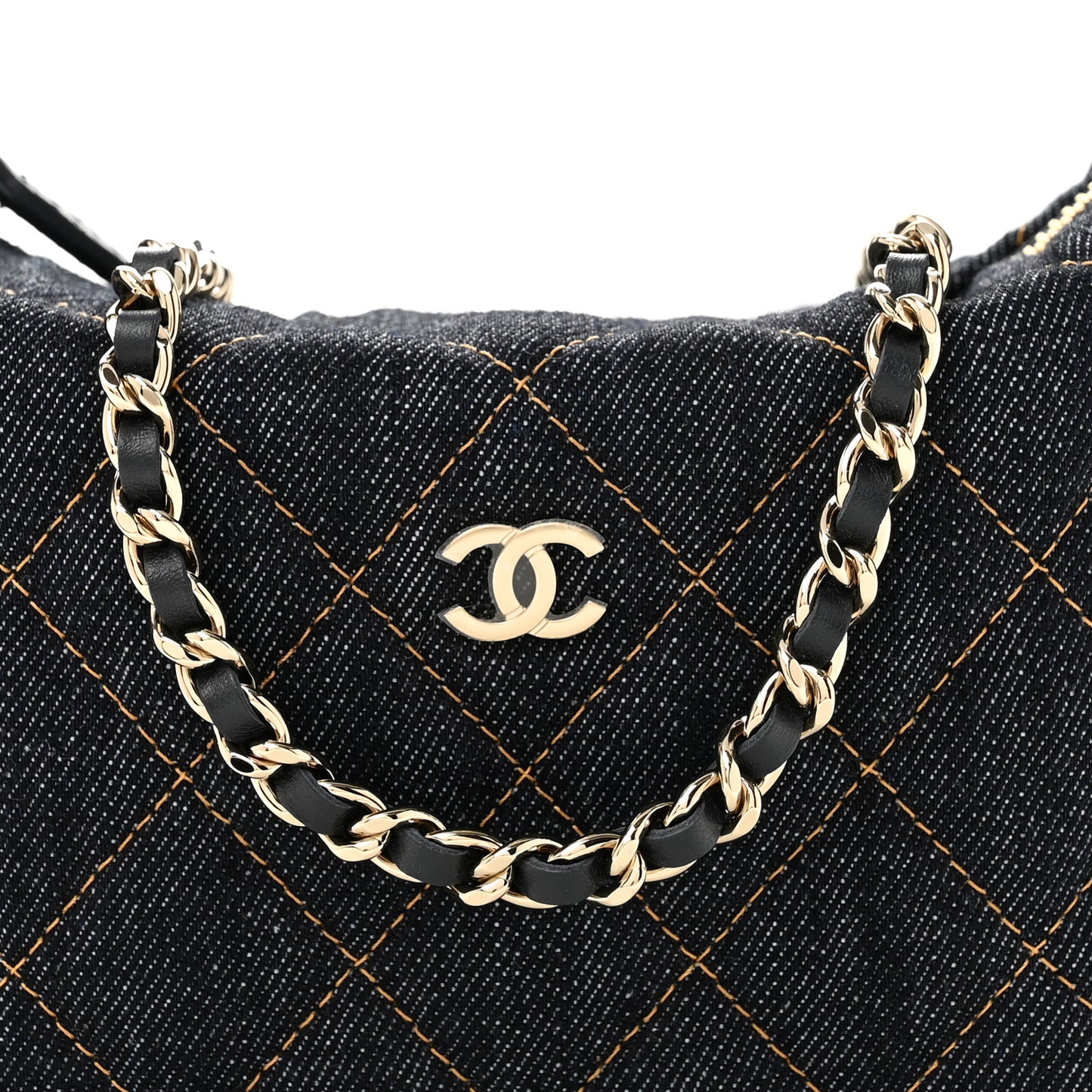 Denim Quilted Hobo Clutch With Chain Dark Blue Orange