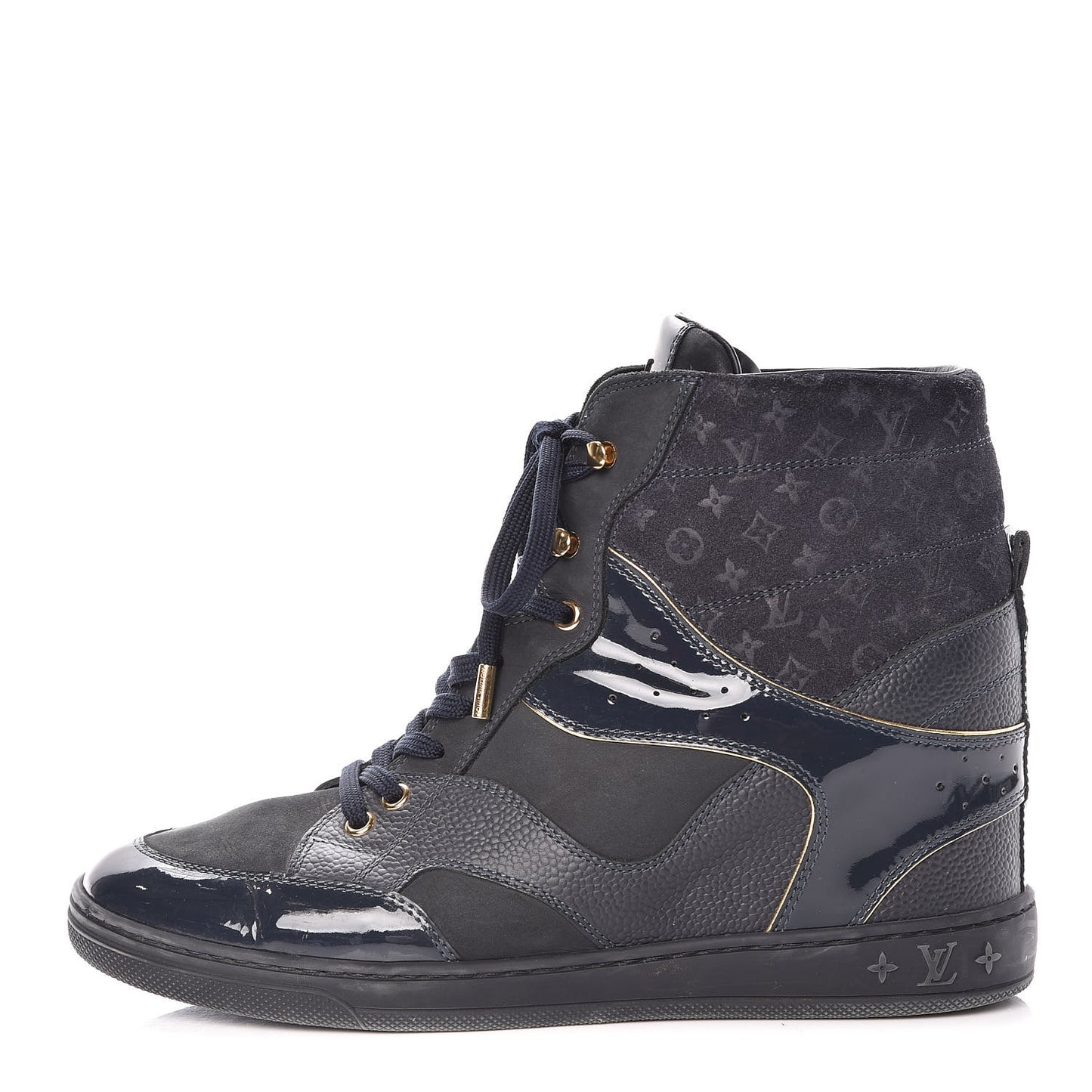 Calfskin Patent Suede Monogram Cliff Top Wedge Sneakers 41Navy