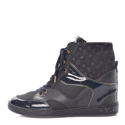Louis Vuitton Calfskin Patent Suede Monogram Cliff Top Wedge Sneakers 41Navy 1 of 9